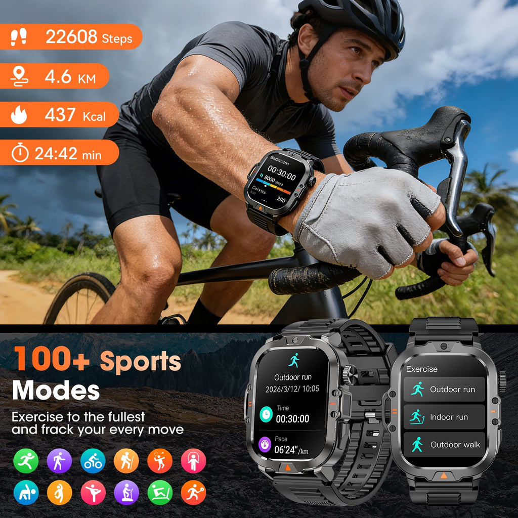 Smartwatch for Men with Fitness Tracker, 2.01-inch Answer/Make Calls/100+ Sport Modes, IP68 Waterproof, men's Military Smartwatch compatible with Android IPhone Devices (Black)