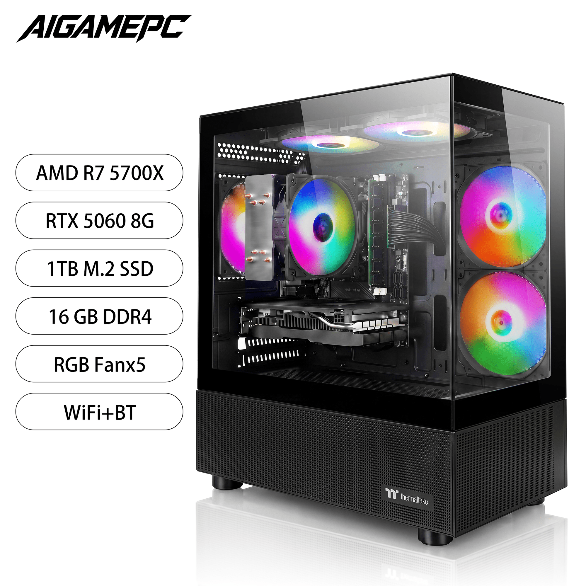 AIGAMEPC Gaming PC Desktop Computer, AMD Ryzen 7 5700X, GeForce RTX 5060 8G, 16GB DDR4 RAM, 1TB M.2 NVMe SSD, BX3 650W 80PLUS Bronze PSU, ARGB Fans, WiFi+BT, for Game Design and Office